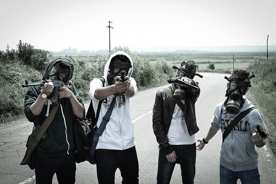 Jovens, pós apocalíptico, máscara de gás, armageddon, sobrevivente, apocalíptico, Horror, nuke, átomo, guerra, armado