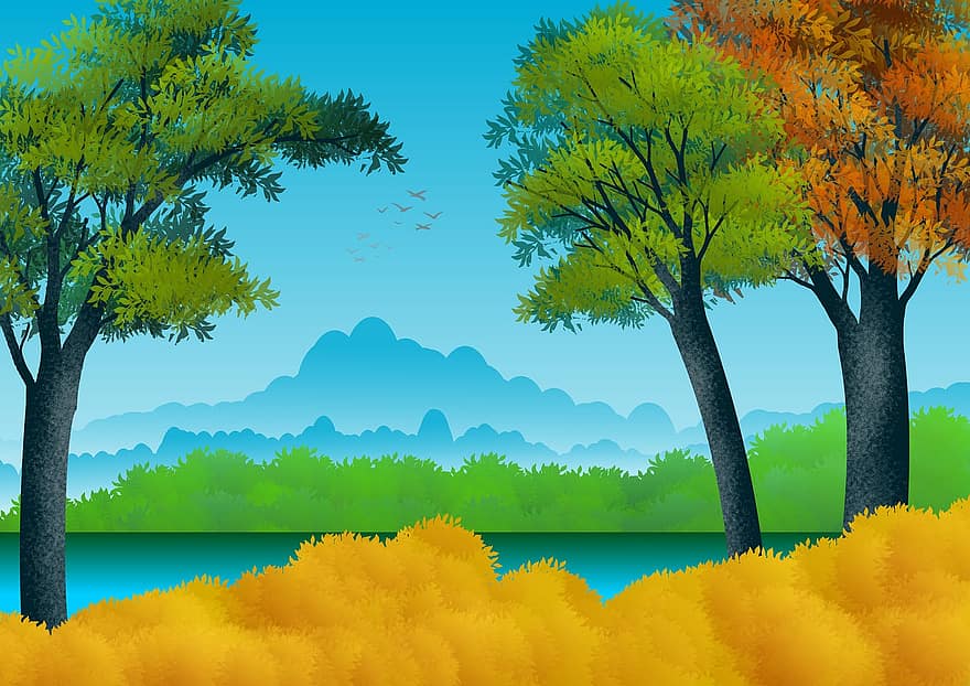 panorama, ilustração, natureza, natural, arvores, montanhas, azul, verde, agua, lago, rio