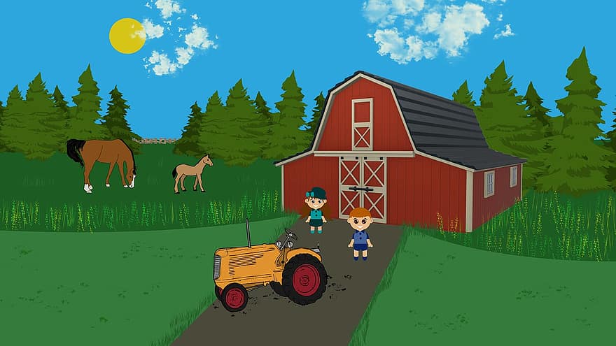 maatila, lato, lapset, traktori, hevoset, eläimet, karjatila, rakennus, laidun, niitty, maaseudun