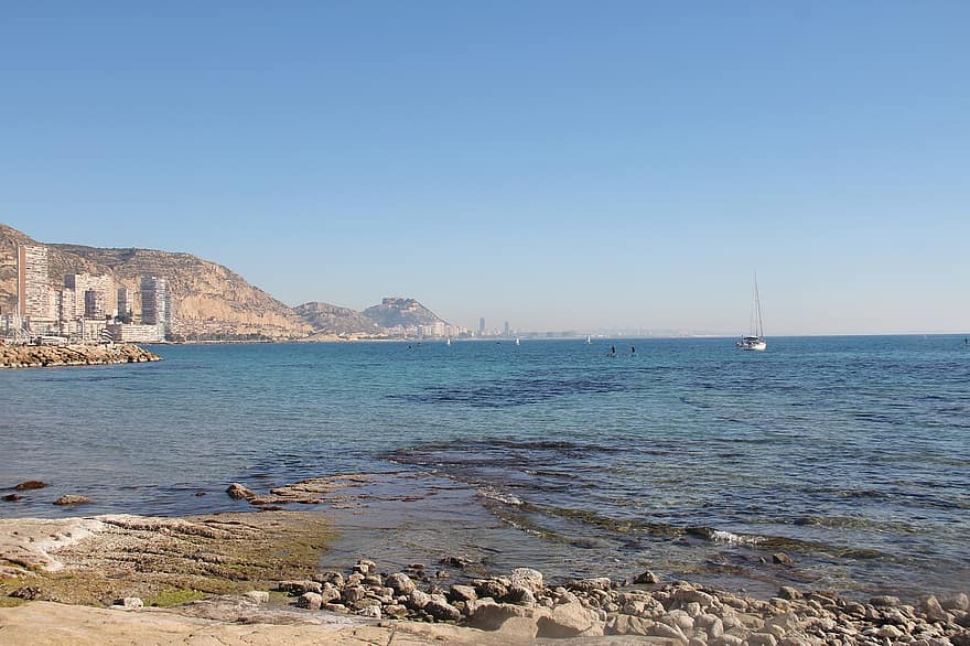 strand, udendørs, bestemmelsessted, Alicante, Spanien, costa, hav, middelhavet, slot, kystlinje, sommer
