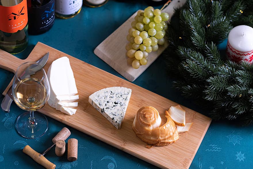 queso, uvas, vino, vela, saboreo, picnic, Navidad