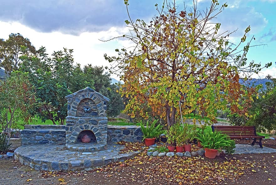 Fontaine, pierre, arbre, village, paysage, Korakou