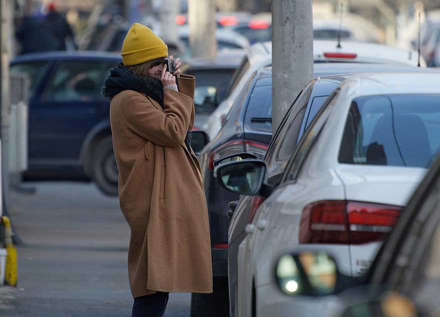 Girl, Overcoat, Head, Photographing, Street, Urban, Parked Cars, City, car, men, one person