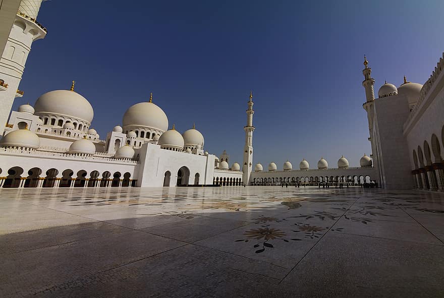 Sheikh zayed moskee, moskee, binnenplaats, mijlpaal, masjid, minaret, marmeren vloer, wit marmer, architectuur, grote Moskee, sheikh zayed grote moskee