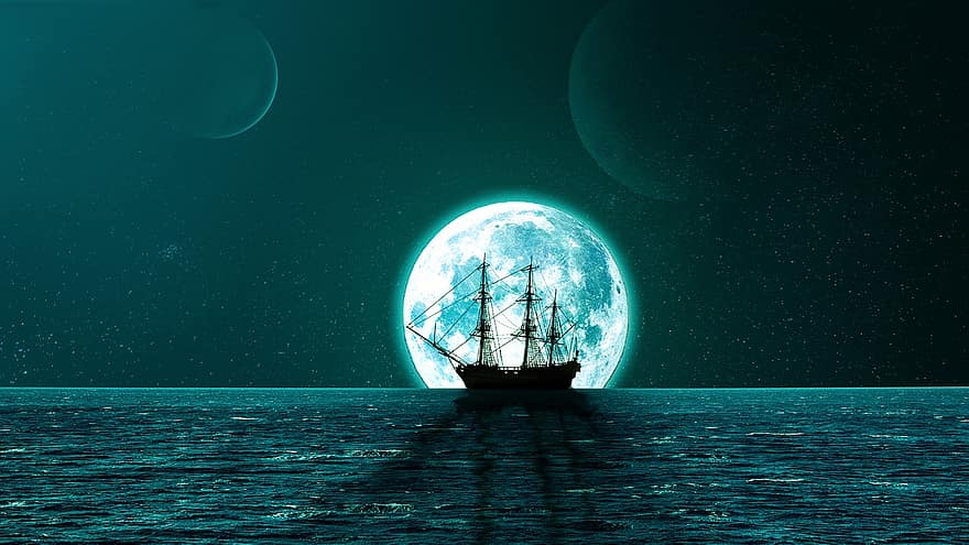 lună, navă, mare, siluetă, lumina lunii, cer, cer de noapte, ocean, apă, orizont, navigație