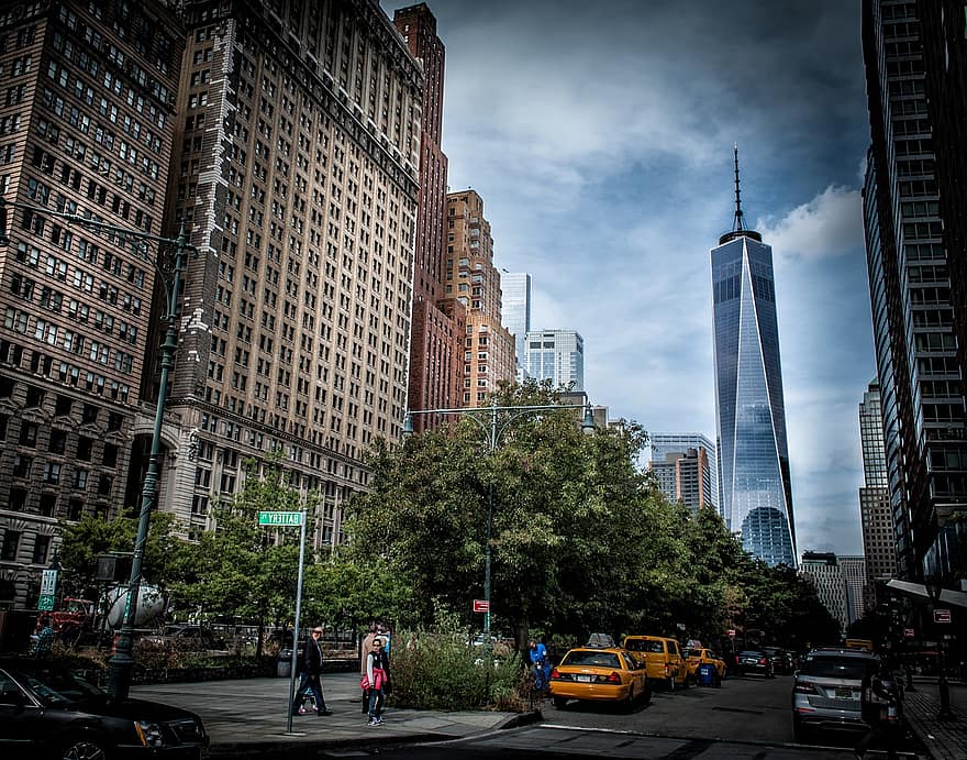 1世界貿易センター、建物、マンハッタン、ニューヨーク、ドムタワー、通り、建築、シティ、都市、タクシー、車