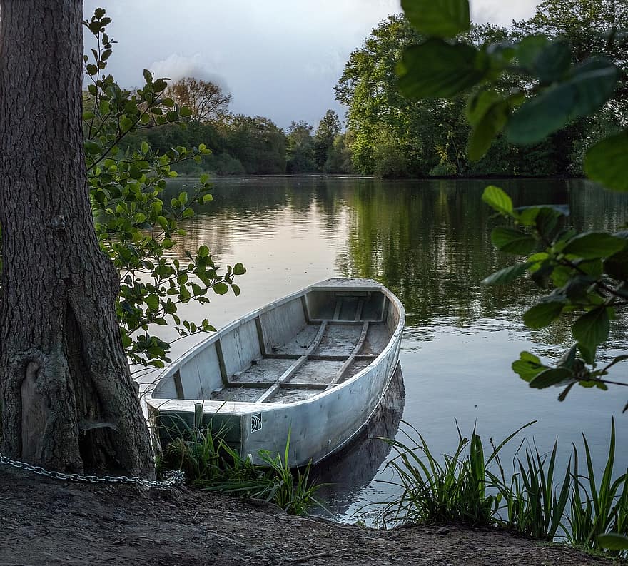 bateau, Lac, la nature, eau, paysage, des arbres, feuilles, printemps, réflexion, navire nautique, été