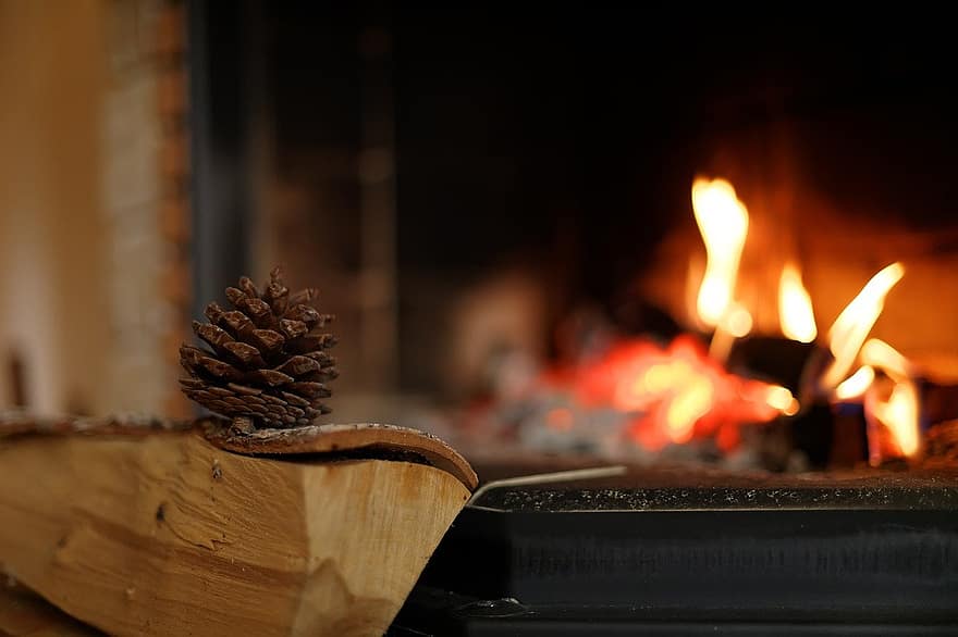 kominek, przytulny, ogień, zjawisko naturalne, płomień, ciepło, temperatura, zbliżenie, drewno, materiał, zimowy