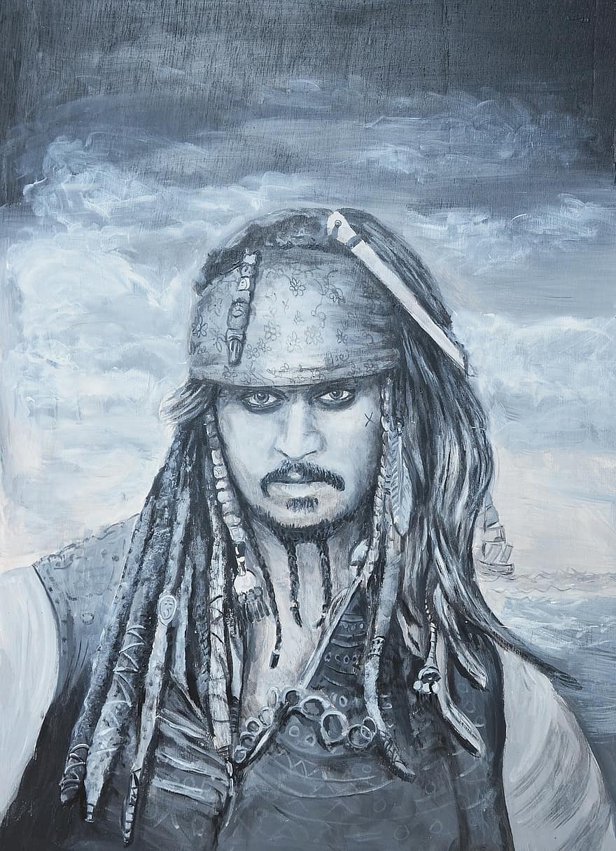 Джек Воробей, Пираты Карибского моря, черная жемчужина, Изобразительное искусство, портрет, Джонни Депп, актер, пират, синее искусство