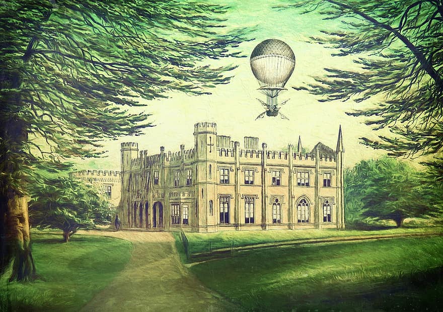 Park, Castle, Hot Air Balloon, Trees, Away, Castle Park, Old, Vintage, Landscape, Manor House, Nobel