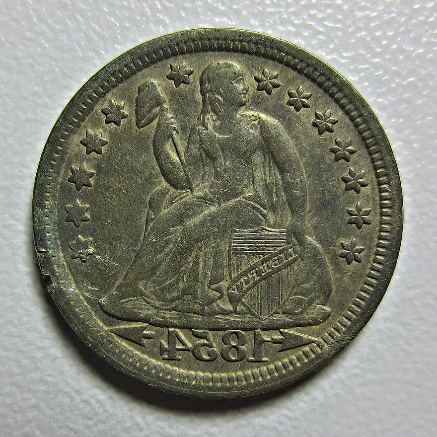 Us Seated Liberty Coinage, mynt, Sittande Liberty Coin, dime, pengar, valuta, bank, finansiera, närbild, metall, rikedom