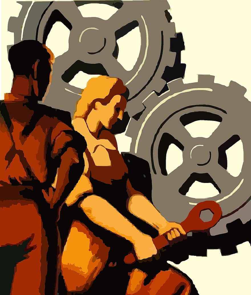 War, Poster, Woman, Design, Gear, Work, Factory, Wrench, Supervisor, Worker, War Effort