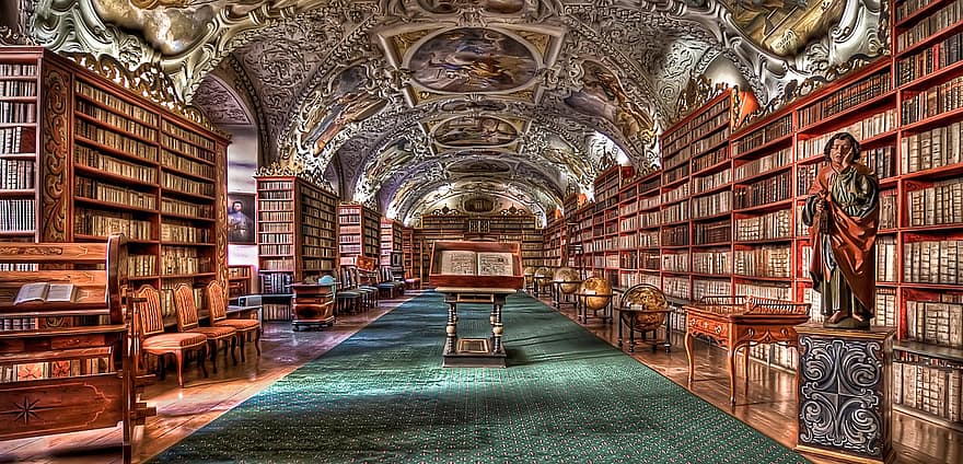 prag, bibliotek, Prag kloster, böcker, hyllor, många, litteratur, kunskap, antik, brun bok, bruna böcker