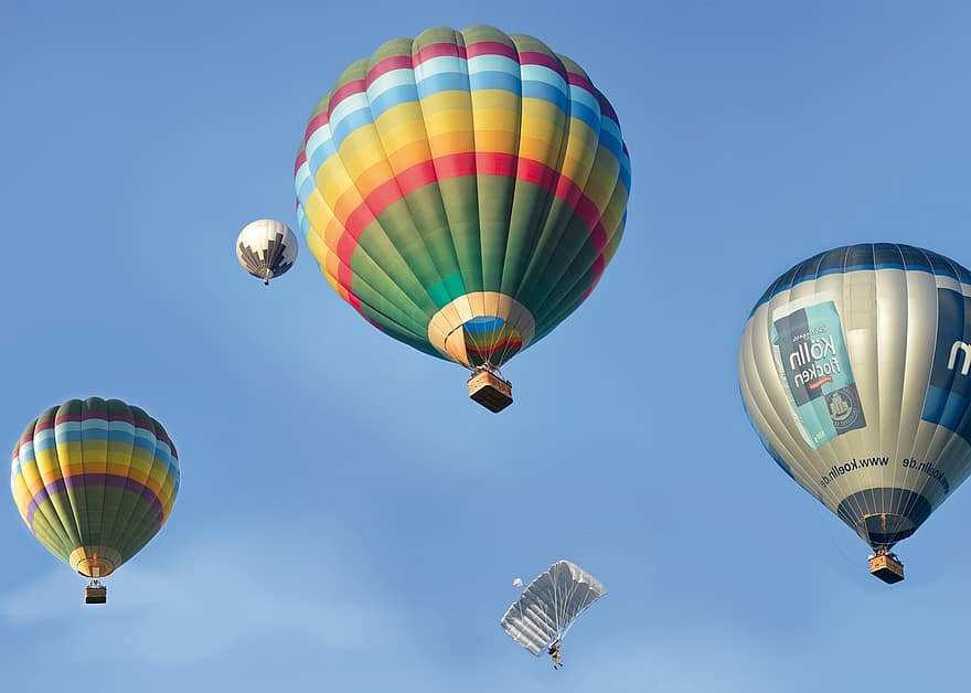 luftballoner, balloner, ride, flyde, farverig, blå himmel, sjovt, eventyr, kurv, vind, dom