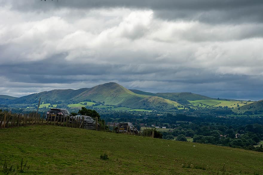 paisatge, Shropshire, escènic, núvols, cel, turó, estiu, verd, camps