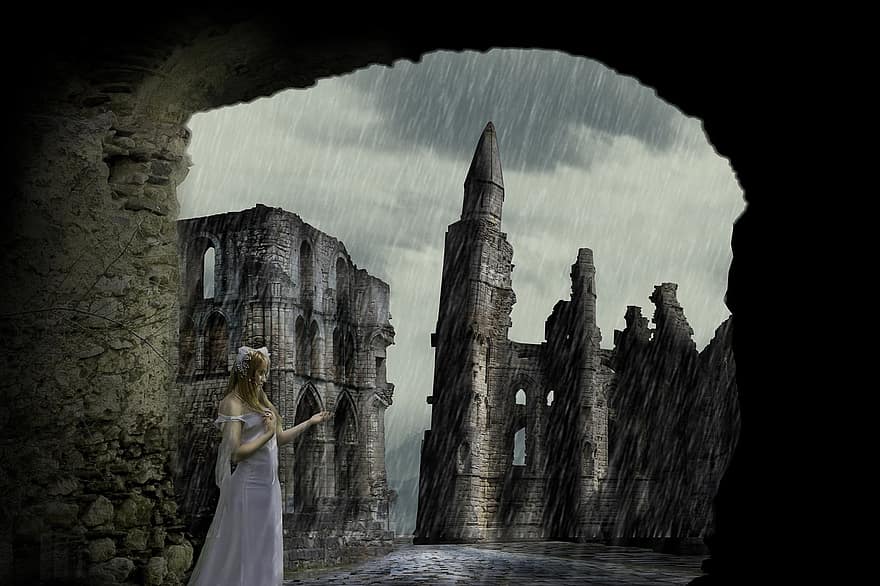 Regen, Ruinen, Sturm, alt, Natur, Konstruktion, Fantasie, gebrochen, vergessen, Gewitter, gotisch