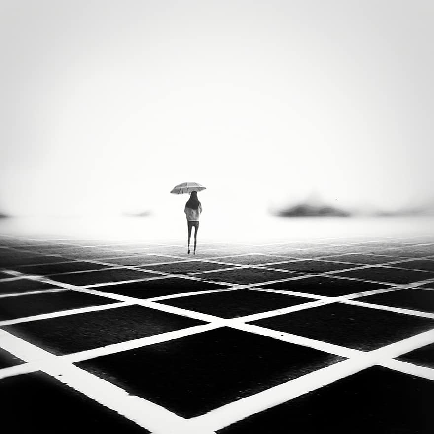 vrouw, wandelen, paraplu, zwart en wit, verbeelding