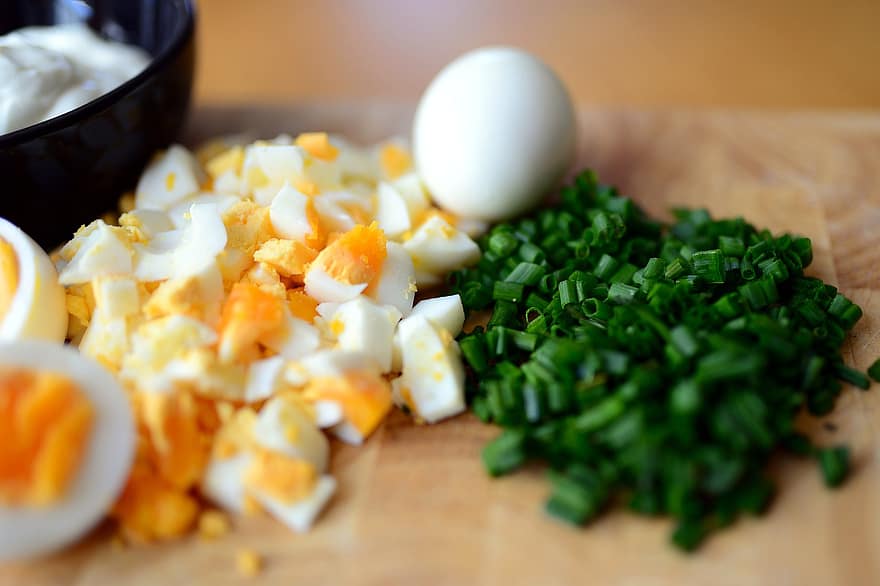 ovos, casca de ovo, cebolinha, cozinhar, comer, café da manhã, Comida