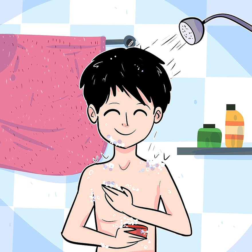 Un niño teniendo ducha, Tener ducha, En el lavadero, ducha, Tomando una ducha