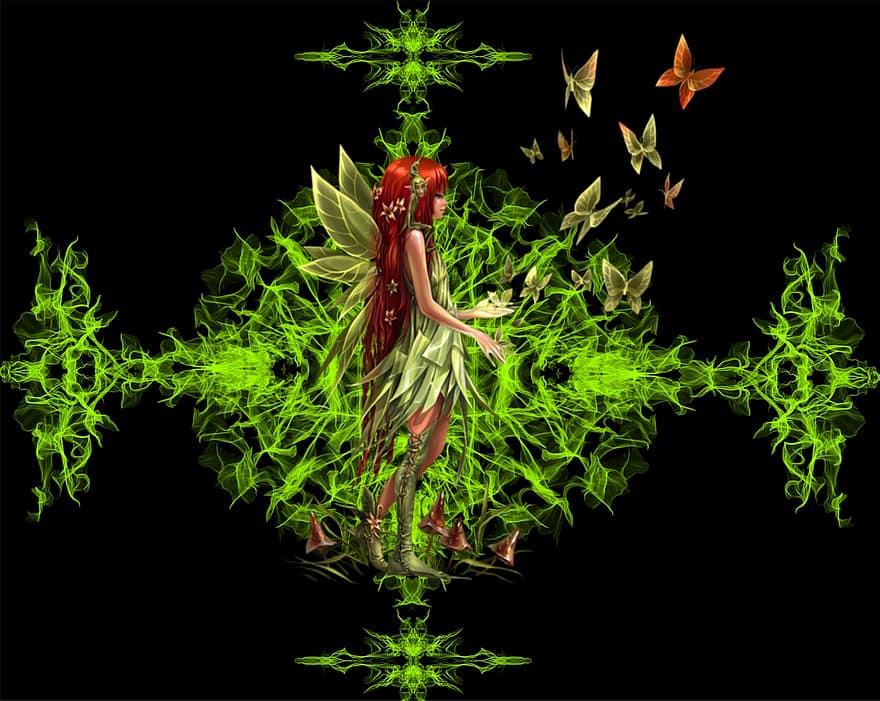эльф, фея, бабочки, лес, Аннотация, дизайн, зеленый, фантастика