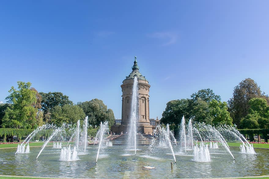Mannheim, Torre de agua, fuente, parque, torre, histórico, punto de referencia, atracción turística, urbano