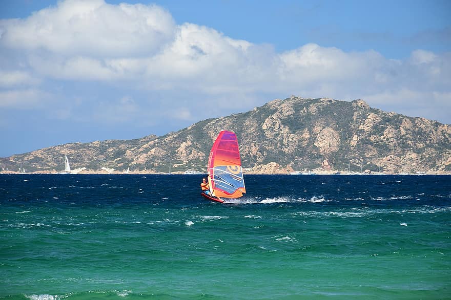 het windsurfen, vrije tijd, avontuur, recreatie, buitenshuis, natuur, zee