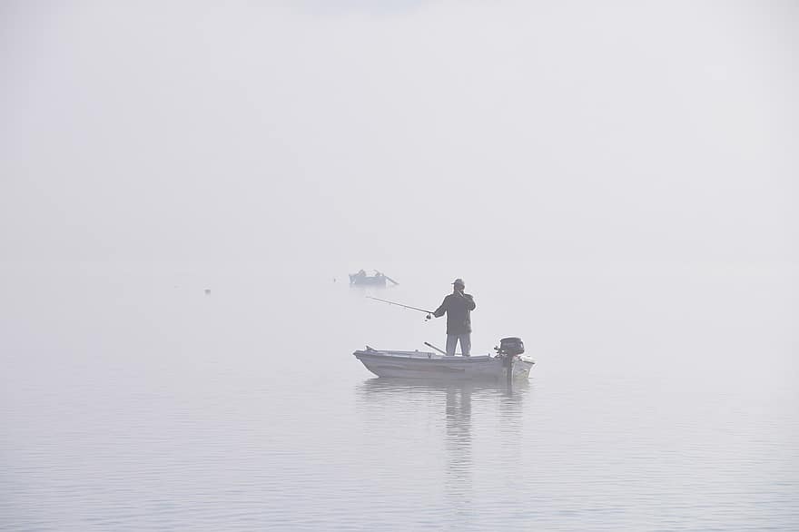 lago, pescaria, névoa, nebuloso, pescador, barco, agua, cenário