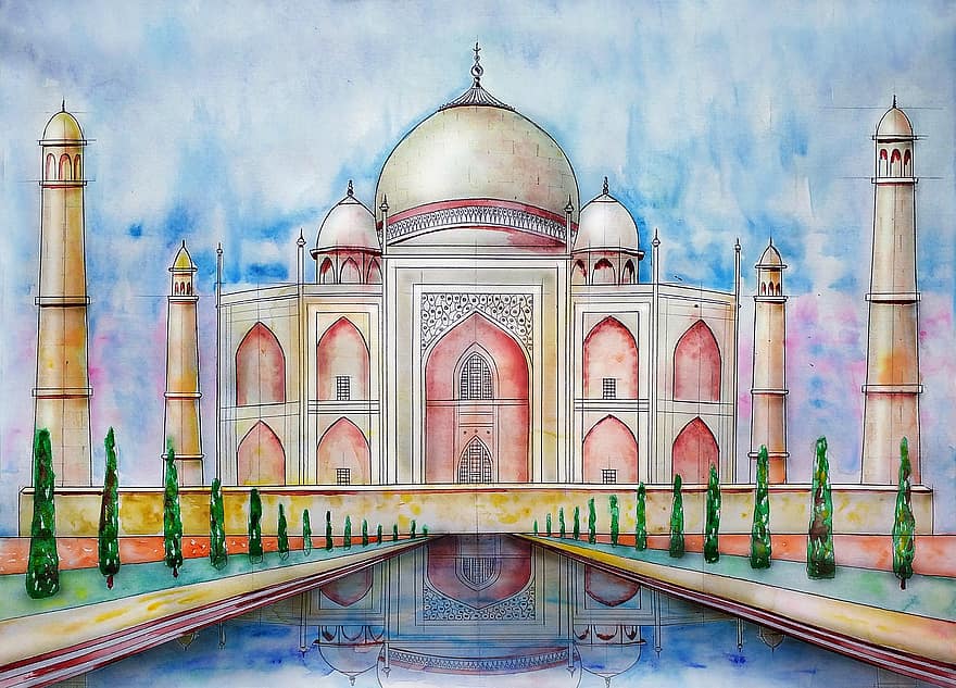 Taj Mahal, moschee, palat, marmură, monument, clădire, dom, arhitectură, schiță, acuarelă, India