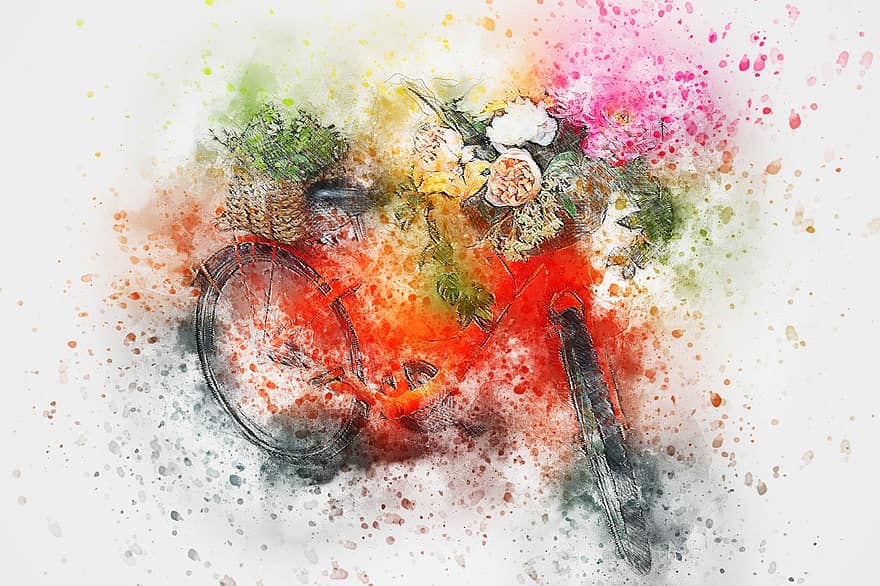 รถจักรยาน, ดอกไม้, ศิลปะ, บทคัดย่อ, สีน้ำ, เหล้าองุ่น, เสื้อยืดคอกลม, โรแมนติก, ออกแบบ, Aquarelle, สาดน้ำสี