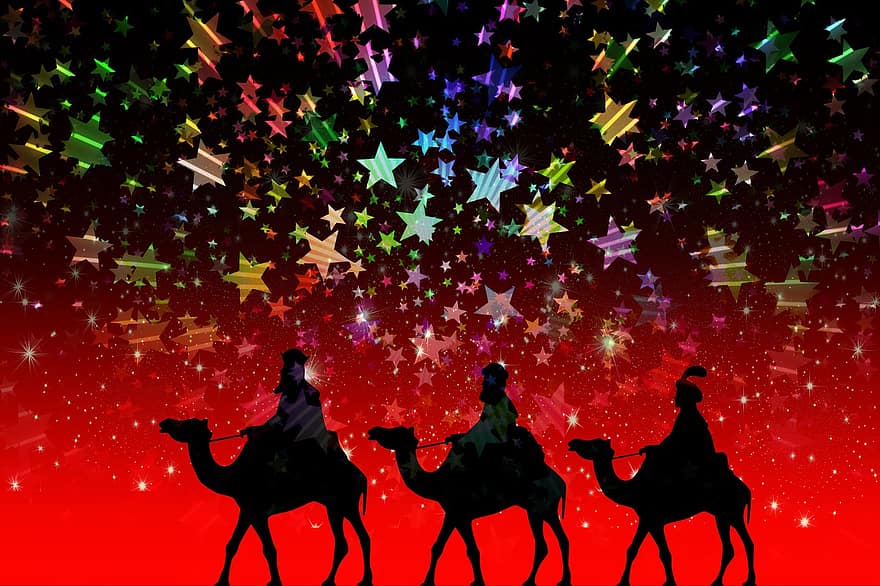 거룩한 세 왕, 낙타, 타기, 크리스마스, 별, 빛, 출현, 크리스마스 이브, 12 월, 크리스마스 때, 대사관