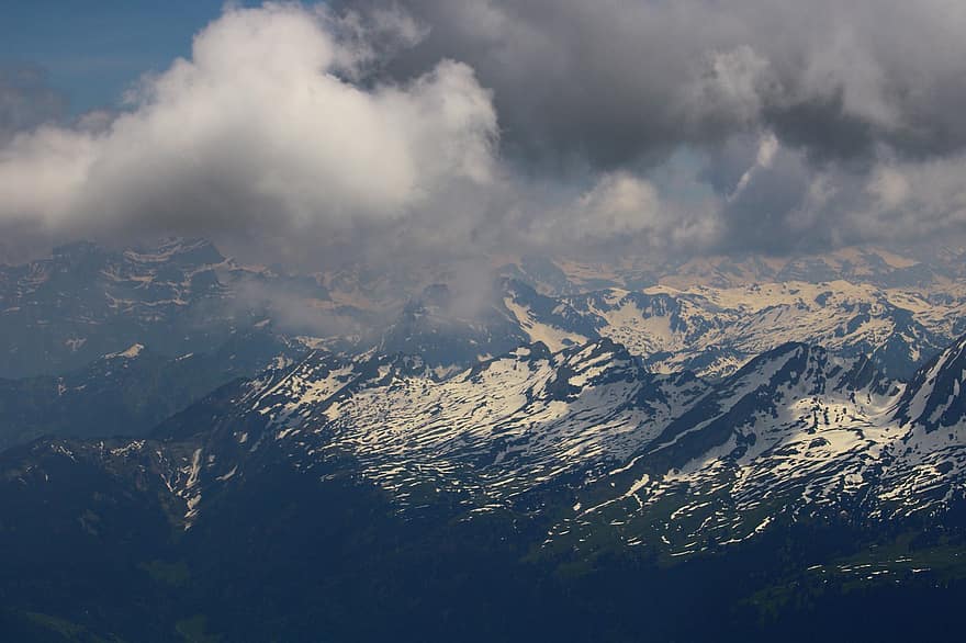 hory, sníh, summitu, vysokohorský, švýcarsko, Příroda, zimní, mraky, krajina, hmoty, panoráma