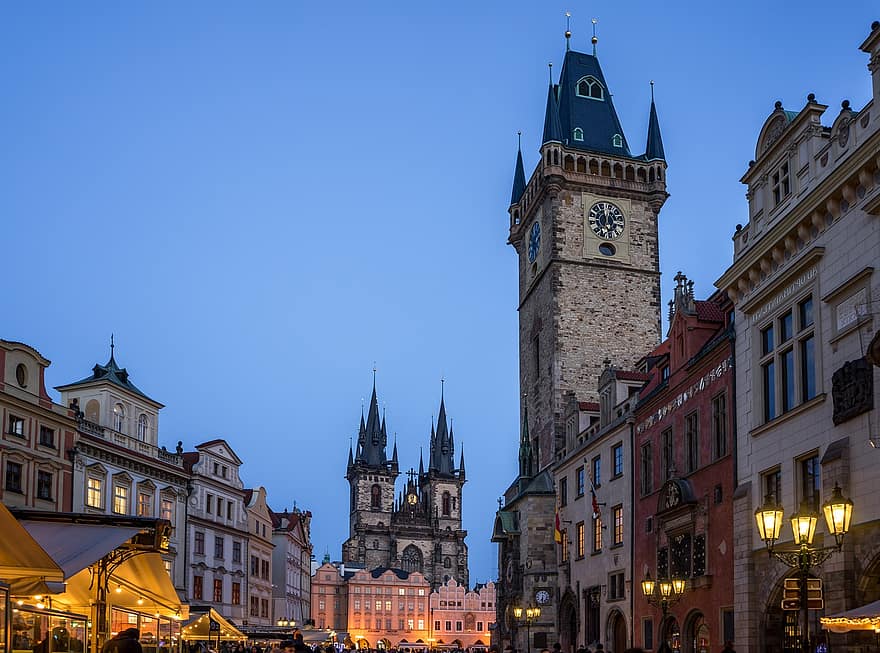 Прага, Чехия, Европа, столица, исторический центр, строительство, архитектура, таунхаусы, площадь старого города, церковь, ратуша
