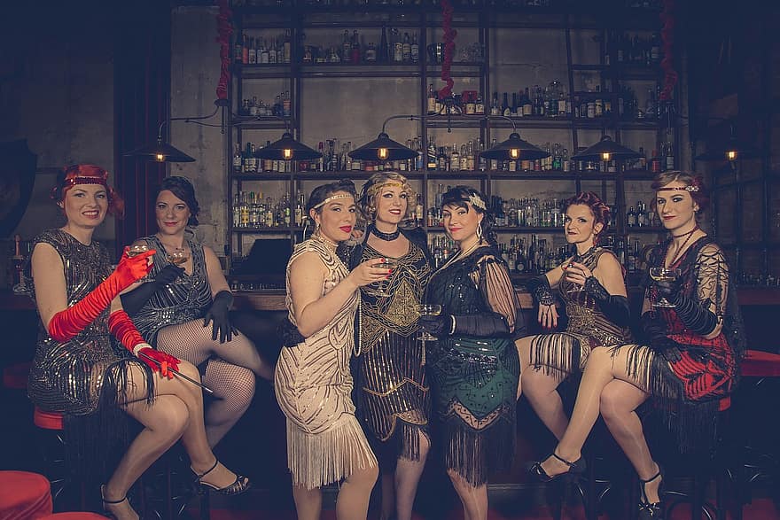 kobiety, moda vintage, przyjęcie, portret, Moda lat 20., na dworze, piękno, moda, zabytkowe, bar, Klub nocny