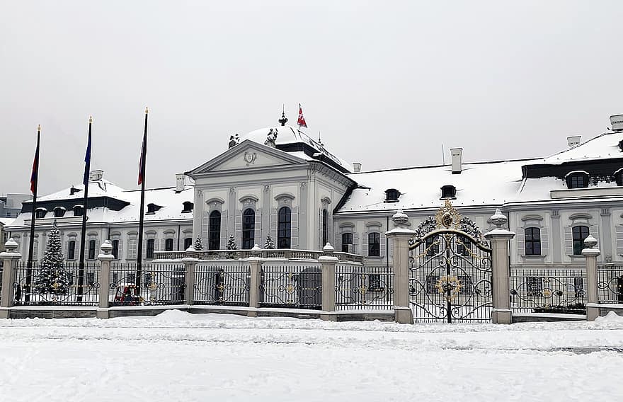 palats, vinter-, säsong, snö, bratislava, slovakia, stad, turist attraktion, turism