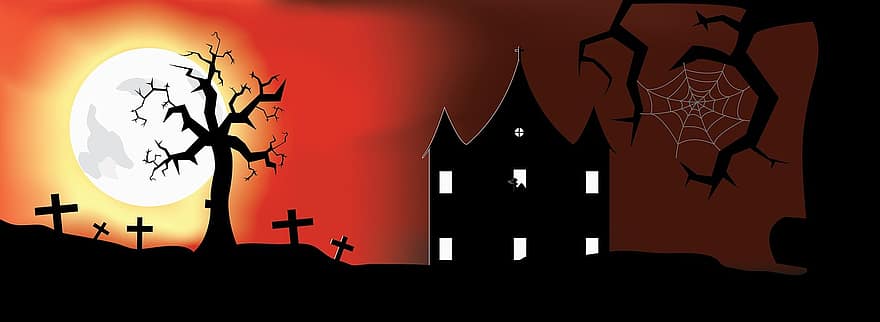 halloween, hemsökt hus, måne, röd, bakgrund, månebakgrund, Häxhuset, träd, mörk, Spindel, panorama-