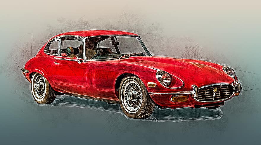 jaguar, e-type, clássico, automotivo, luxo, temporizador velho, cromada, desenhar, carro esportivo, vermelho, transporte