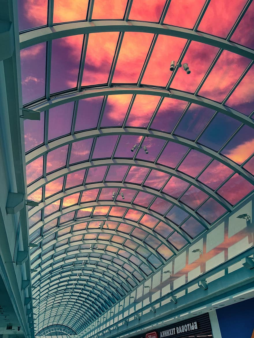 Shopping Center, Ceiling, Structure, Sunset, Railings, Sky