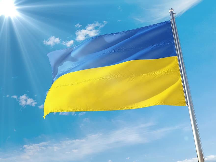 ukraina, karogs, baneris, mieru, debesis, saule, saules gaisma, zils, patriotisms, simbols, dzeltens