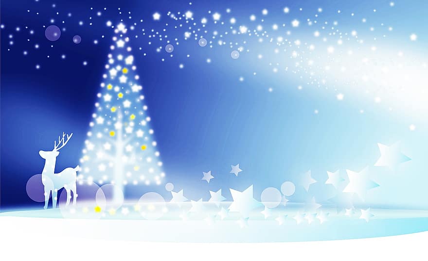Winter, Snow, Deer, Christmas, Blue, Christmas Card, Christmas Background, Christmas Tree, Landscape, Wintry, Fantasy