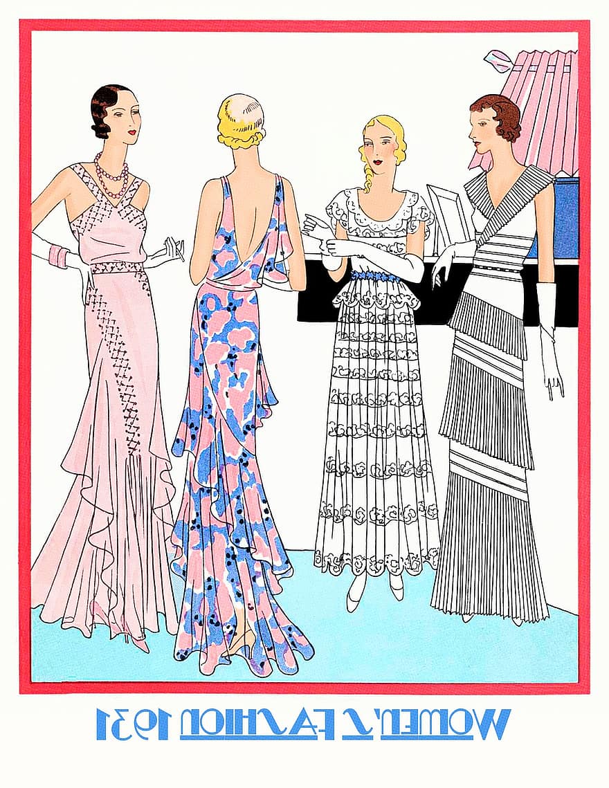 plakat, mote, kvinne, retro, 1931, årgang, kjoler, klaff, Gatsby, kjole, kvinner