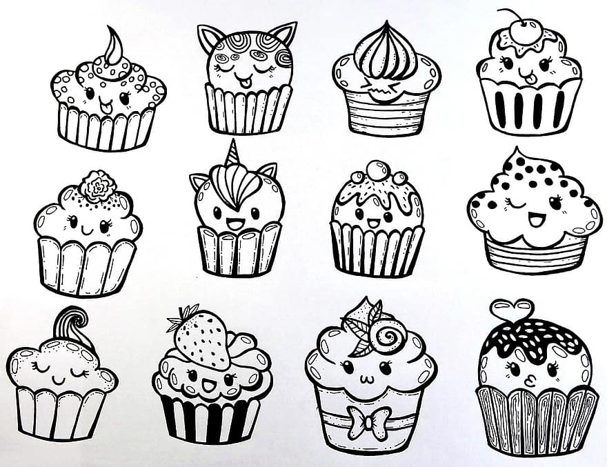 muffins, uttryck, klotter, ansikte, ansiktsuttryck, känslor, söt, ritad för hand