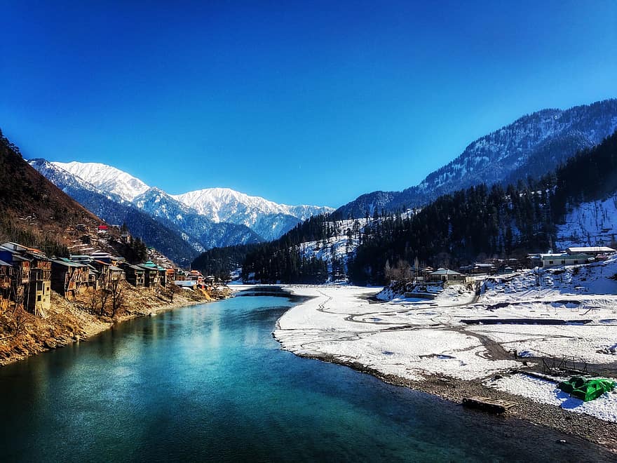 φύση, ποτάμι, ταξίδι, εξερεύνηση, σε εξωτερικό χώρο, Κασμίρ, neelum, βουνά, τοπίο, βουνό, χιόνι