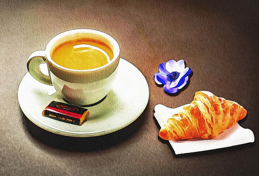 Watercolor, Parisian Coffee, Cafe De Flore, Coffee, Cafe, Croissant, French, France, Artistic, Brasserie, Bar