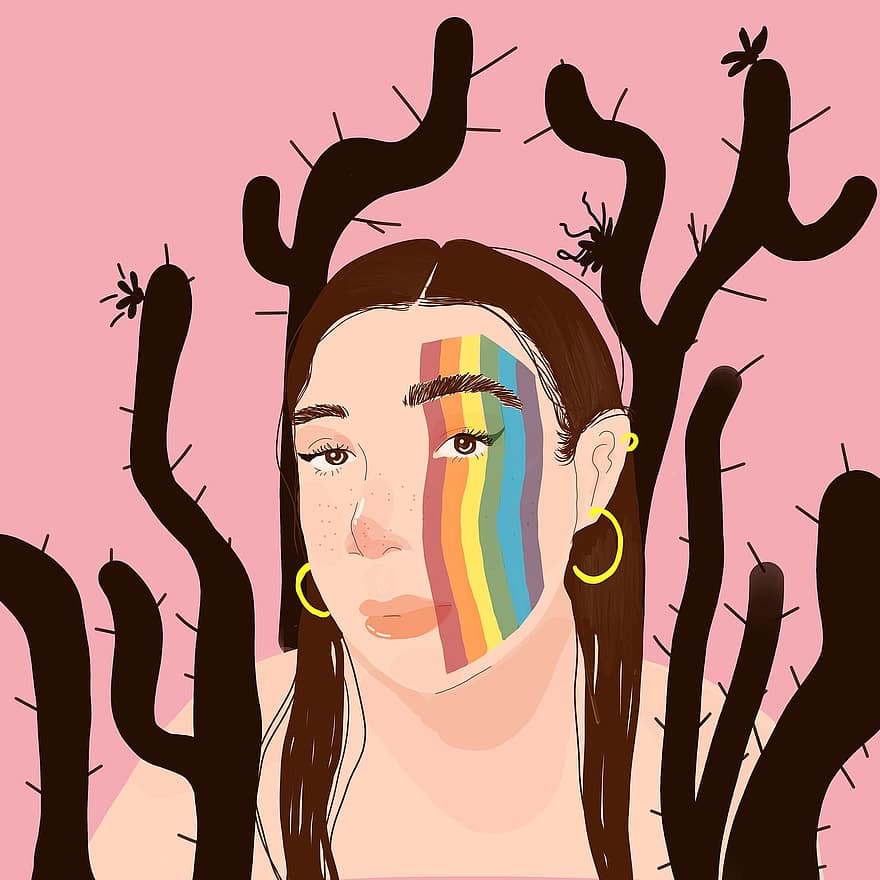 kvinna, regnbåge, kaktus, flicka, ansikte, ansiktsfärg, skön, växter, ryggar