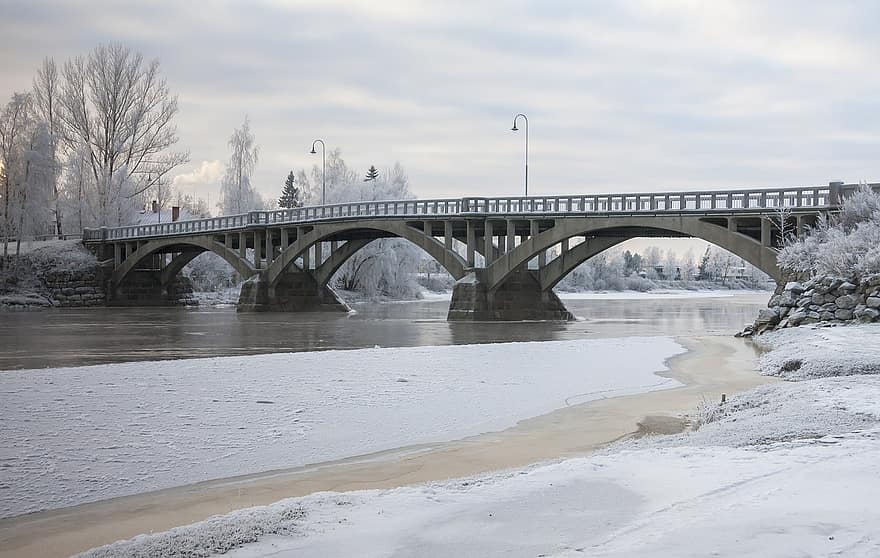 most, řeka, zimní, sníh, kokemäki, voda, led, architektura, slavné místo, panoráma města, krajina