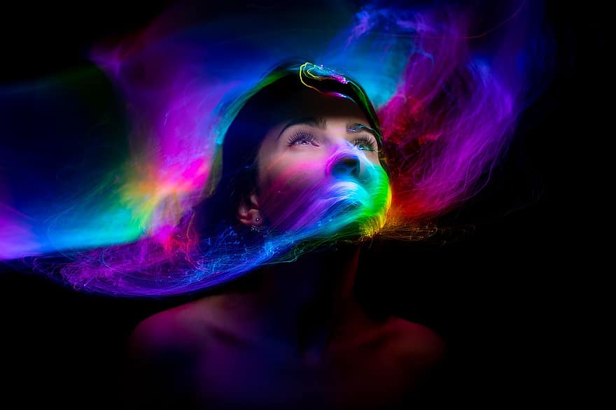 Woman, Face, Light Painting, Lights, Fantasy, Mystical, Surreal, Abstract, Colorful, Lighting, Wall