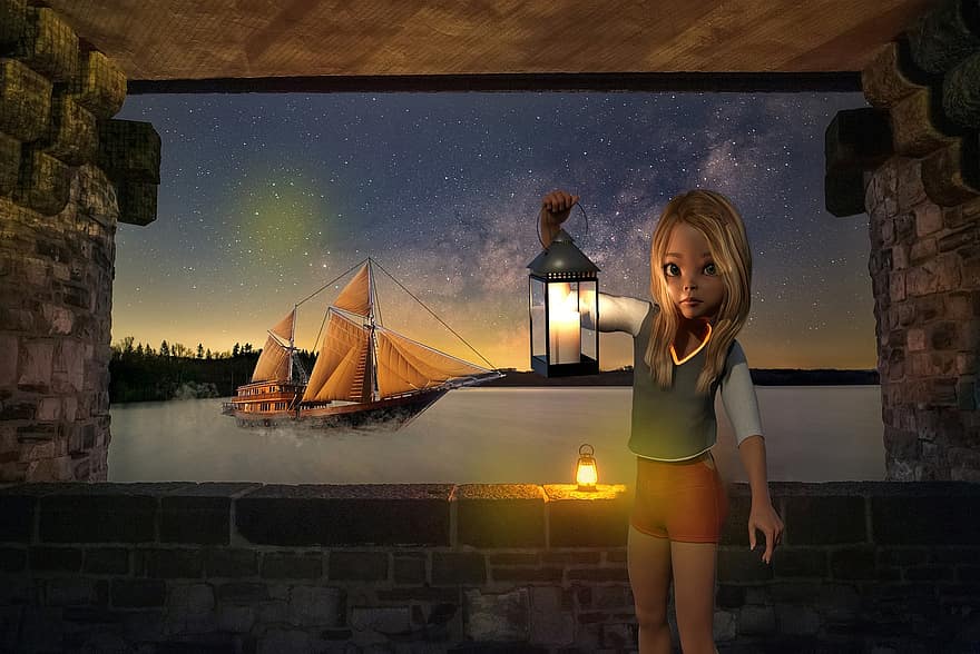 фон, ліс, озеро, човен, вікно, дівчина, фантазія, цифрове мистецтво, ніч, дитина, корабель