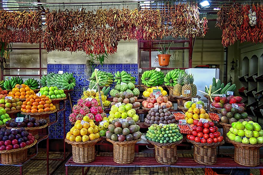 マデイラ、市場、ファーマーズマーケット、新鮮な果物、フルーツマーケット、新鮮な食べ物