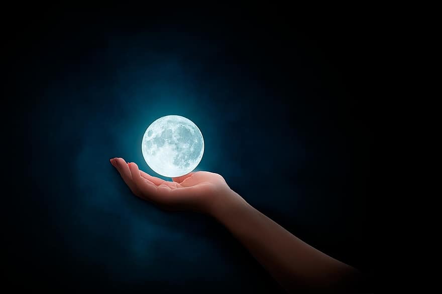 місяць, рука, фантазія, ніч, силует, хмари, чорний, темний