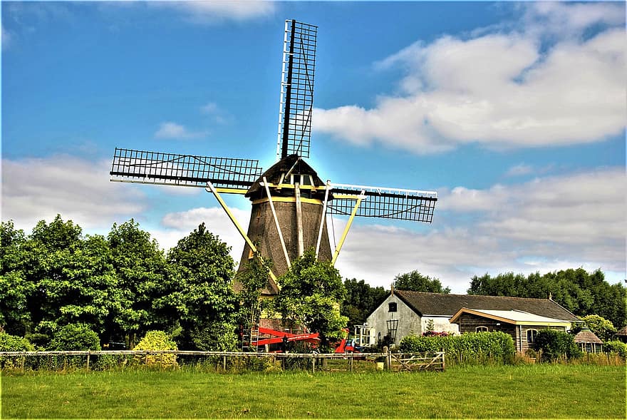 Wind Mill, Netherlands, Landscape, Pasture, Grass
